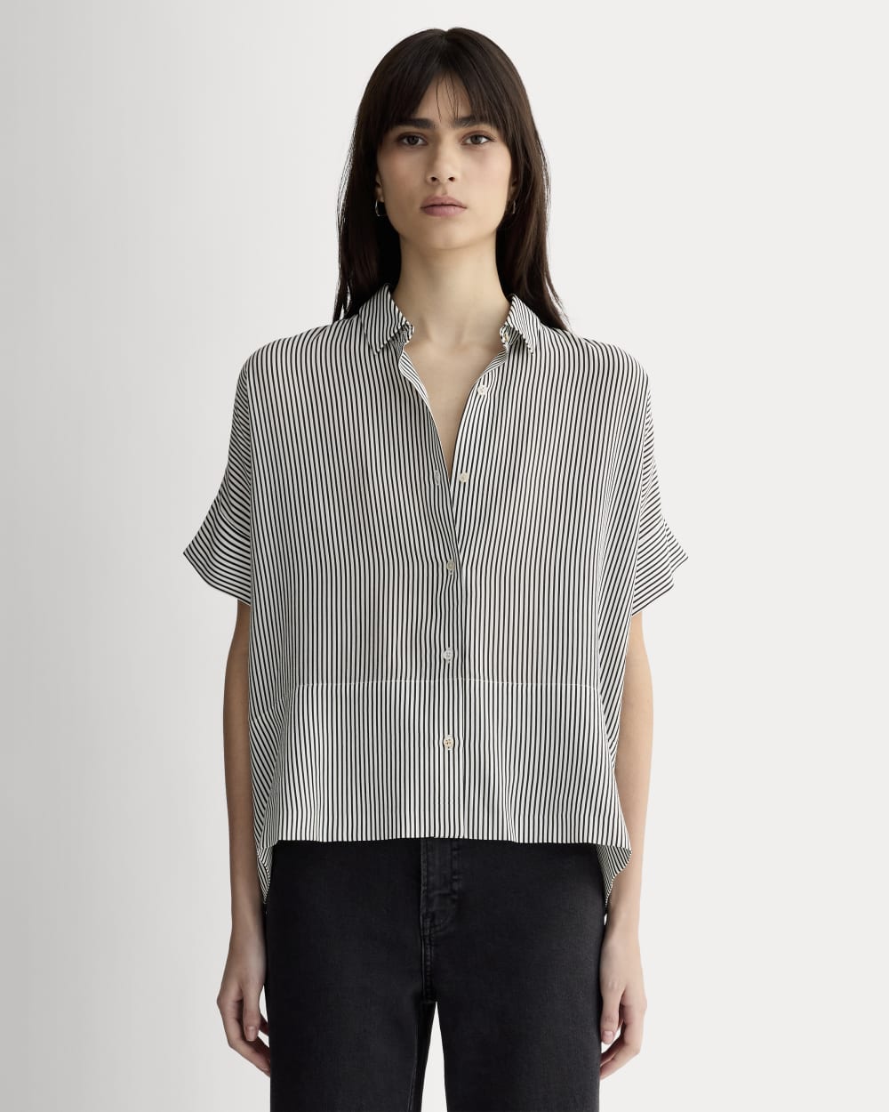 The Boxy Shirt in Washable Silk | Black Micro Stripe