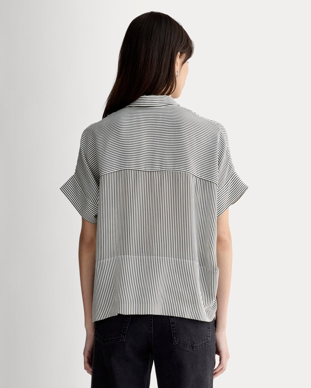 The Boxy Shirt in Washable Silk | Black Micro Stripe