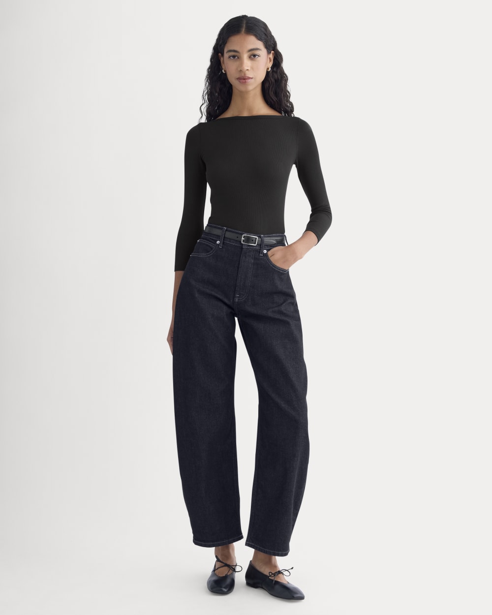 Luxe Rib 3/4 Sleeve Boatneck Tee | Black