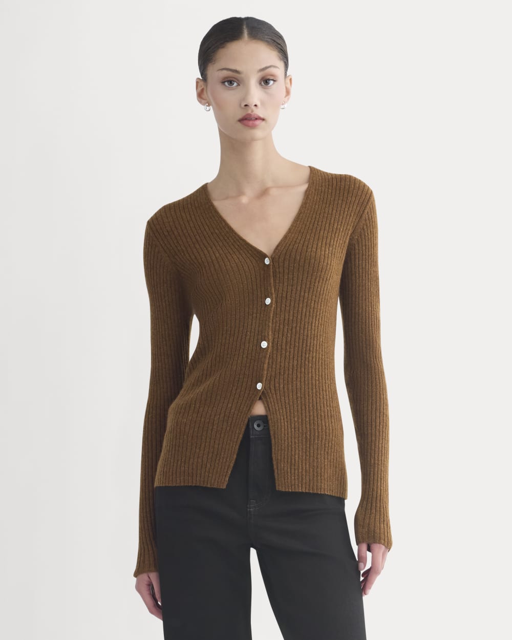 Cashmere Ribbed V-Neck Cardigan | Heathered Toffee