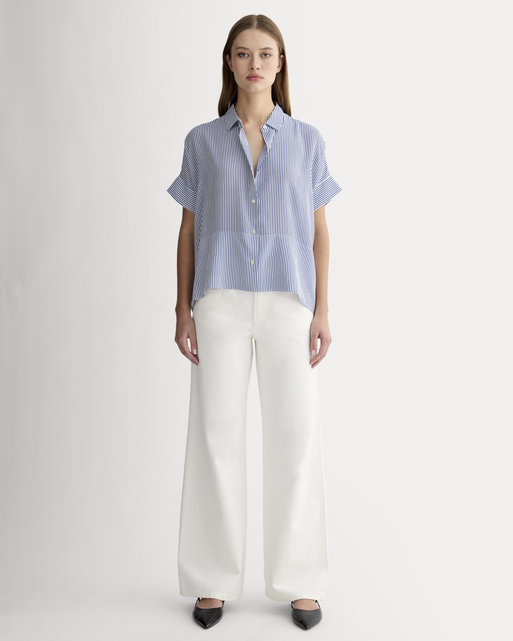 The Boxy Shirt in Washable Silk | Blue / White