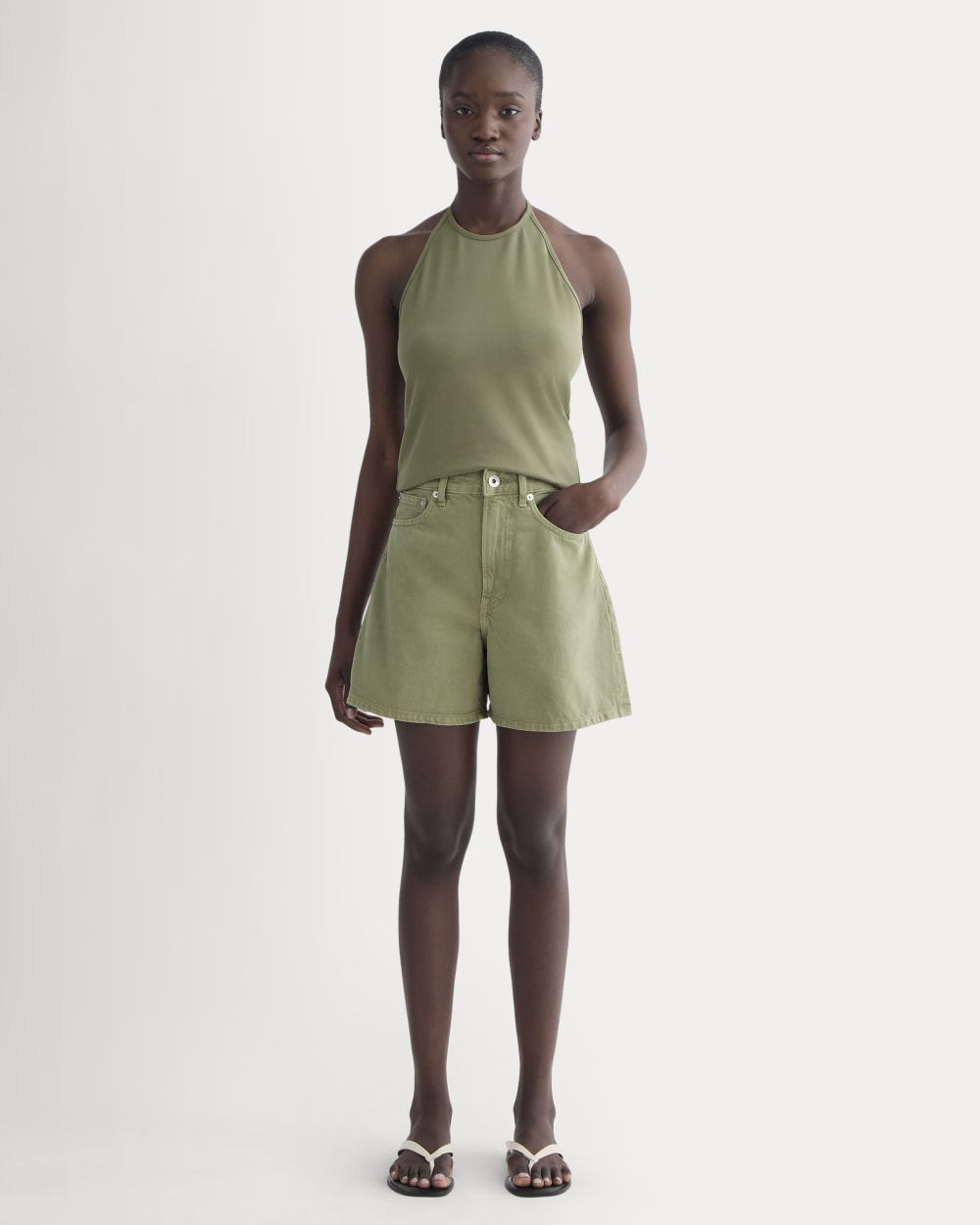 The A-Line Denim Short | Neutral Oil Green