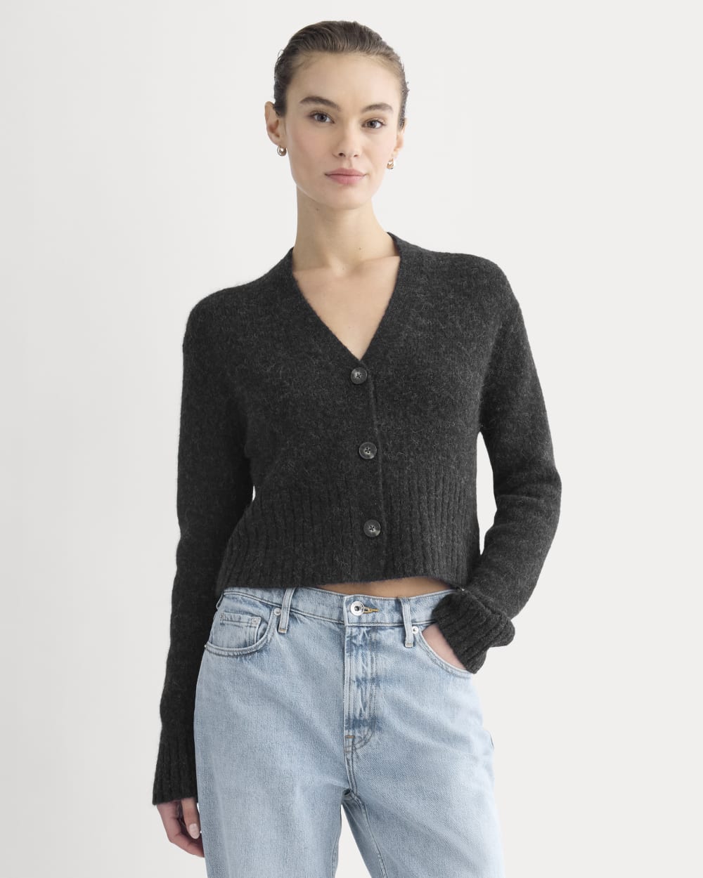 High V Cropped Cardigan in Alpaca | Heather Black