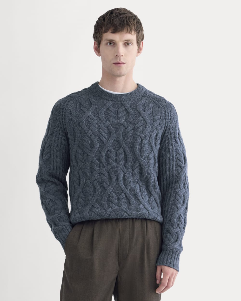 Cable Knit Crew in Luxe Merino | Heather Midnight Navy