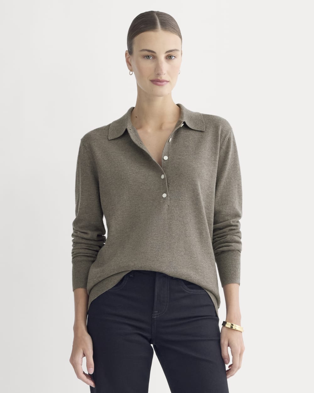 Oversized Polo Sweater in Cotton Merino | Heather Ash Taupe