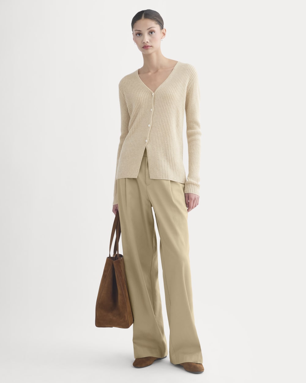 Cashmere Ribbed V-Neck Cardigan | Heather Light Camel