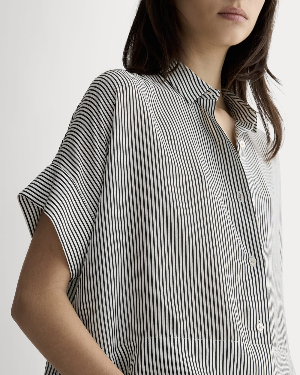 The Boxy Shirt in Washable Silk | Black Micro Stripe