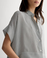 The Boxy Shirt in Washable Silk | Black Micro Stripe