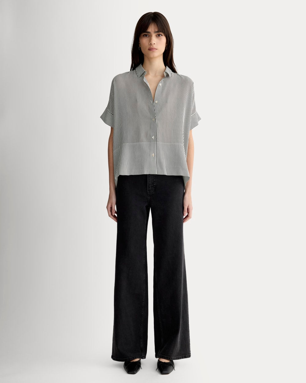The Boxy Shirt in Washable Silk | Black Micro Stripe
