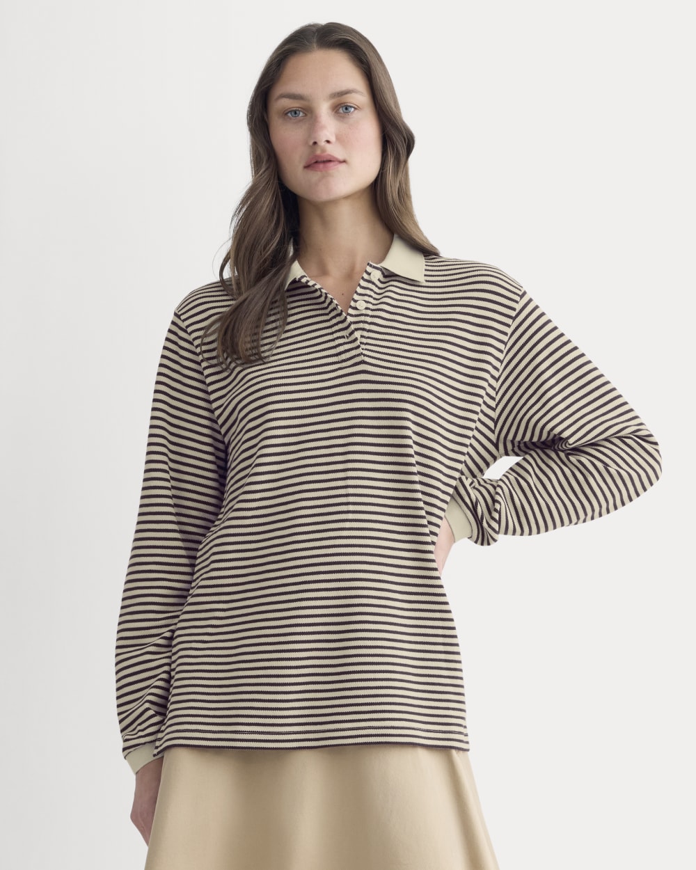 Oversized Pique Polo | Dusty Beige/Deep Plum Stripe